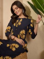 Navy Blue Pure Cotton Floral Printed Straight Cord Set - Image 2