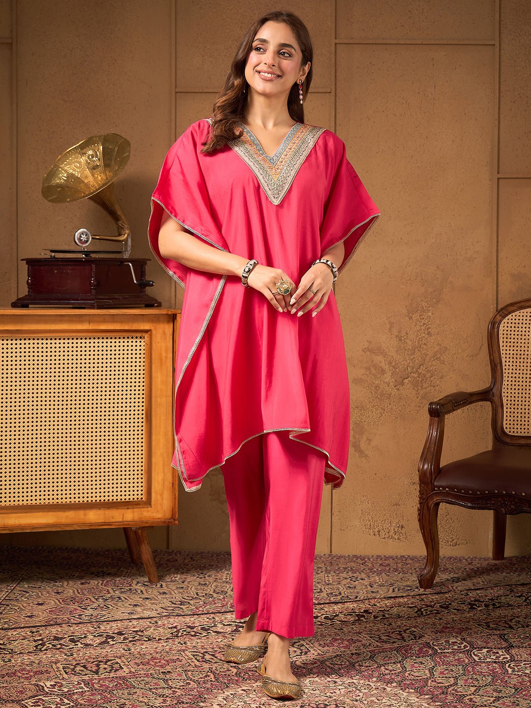 JAC26CD04387_1.jpg Pink Silk Blend Embroidered Kaftan Cord Set - Image 1