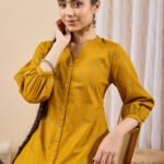 Mustard Linen Cotton Ethnic Motifs Printed Straight Short Kurti