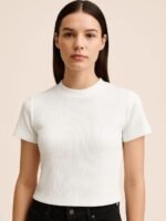 Women's White Ribbed Crop T-Shirt,