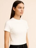 Women's White Ribbed Crop T-Shirt, - Image 2