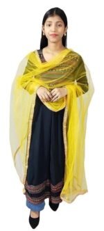 Girls & Womens Embellished Net Dupatta with Lace Work (Yellow) - Image 2