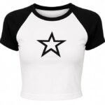 Womans Crop Top Grahic Printed Star Two-Tone Short Sleeve Graphic T-Shirt