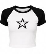Womans Crop Top Grahic Printed Star Two-Tone Short Sleeve Graphic T-Shirt