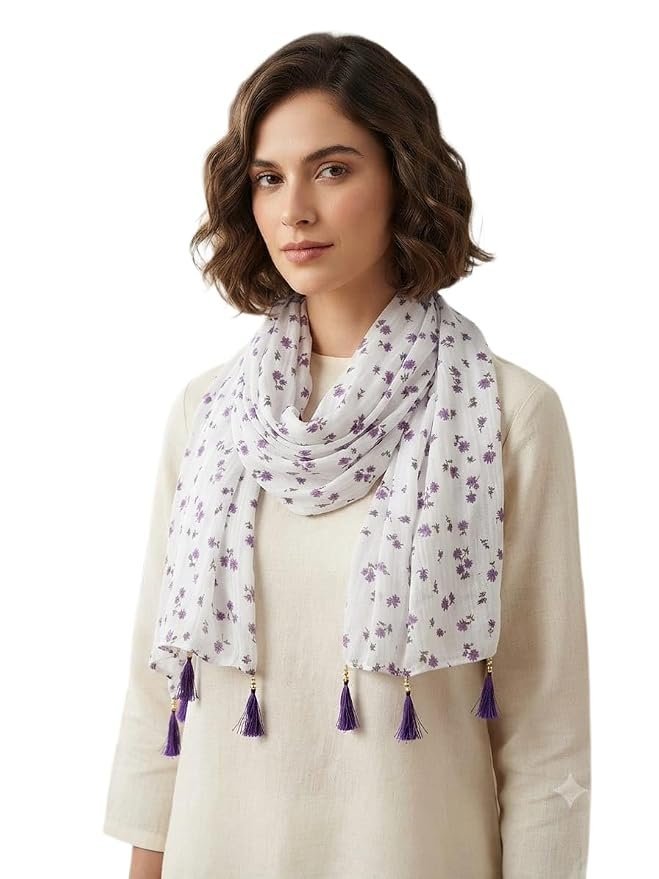 611T6n3jZvL._SY879_.jpg Women's Floral Printed Scarf with Tassel Detailing - Image 1