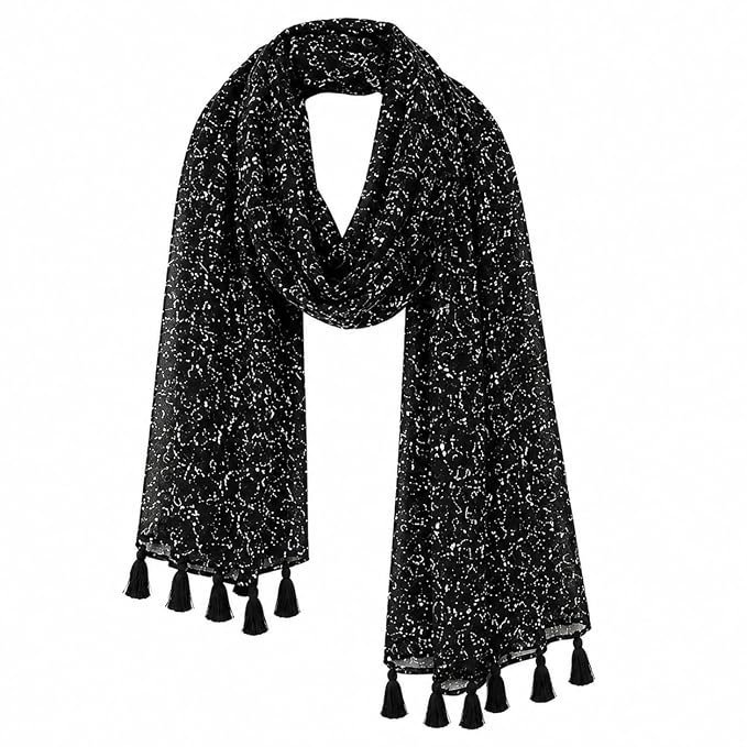 711liKclnkL._SX679_.jpg Women's Black Chiffon Scarf with Tassel Ends, Abstract Print - Image 1