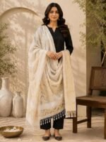 Women's Nylon Dupatta, Cream, Geometric Woven