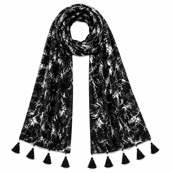 71x3AMjwVHL._SX679_.jpg Black & White Abstract Print Scarf with Tassel and Pearl Detail - Image 1