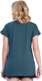 Green Chili Women Solid Round Neck Pure Cotton Blue T-Shirt - Image 3
