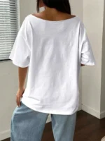 Women Printed Boat Neck Cotton Blend White T-Shirt - Image 2