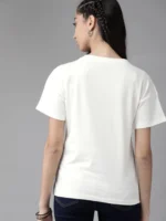 Women Printed Round Neck Pure Cotton White T-Shirt - Image 3