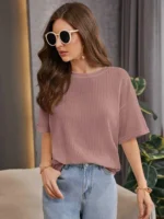 Women Self Design Round Neck Linen Blend Pink T-Shirt