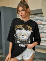 Women Printed, Typography Round Neck Polycotton Black T-Shirt