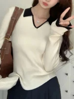 Women Self Design Polo Neck Cotton Blend Beige T-Shirt