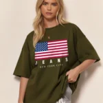 Women Graphic Print Round Neck Cotton Blend Green T-Shirt