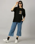 Women Printed Round Neck Cotton Blend Black T-Shirt - Image 6