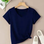Women Solid V Neck Cotton Blend Navy Blue T-Shirt