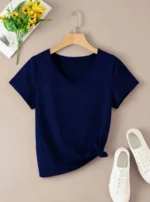 Women Solid V Neck Cotton Blend Navy Blue T-Shirt