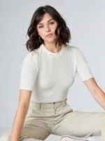 Women Solid High Neck Cotton Blend White T-Shirt - Image 3