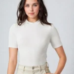 Women Solid High Neck Cotton Blend White T-Shirt