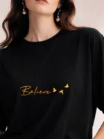 Women Graphic Print Round Neck Pure Cotton Black T-Shirt - Image 4