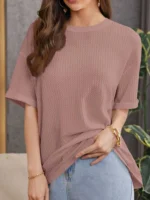 Women Self Design Round Neck Linen Blend Pink T-Shirt - Image 4