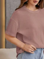 Women Self Design Round Neck Linen Blend Pink T-Shirt - Image 3