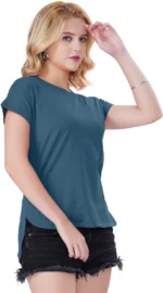 Green Chili Women Solid Round Neck Pure Cotton Blue T-Shirt