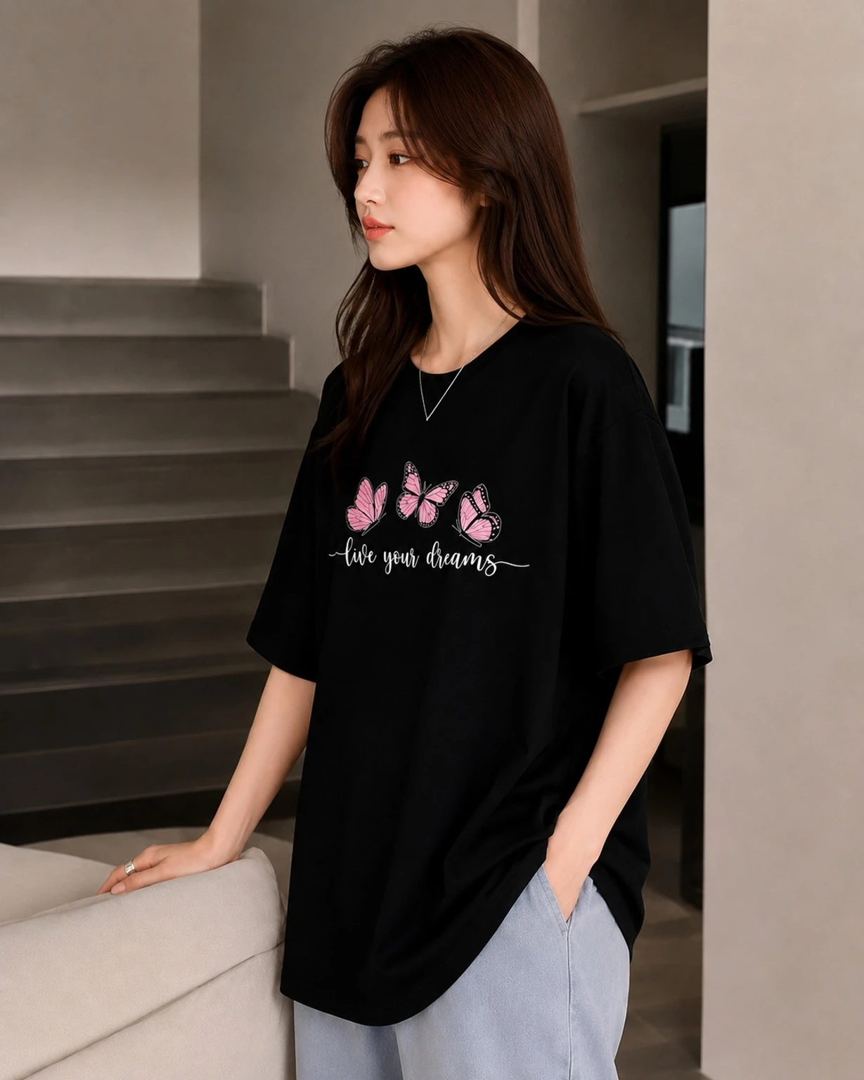 xl-w-os-blk-3-butterfly-sl5-tex-original-imahzrjvyrydjfvj.webp Women Printed Round Neck Pure Cotton Black T-Shirt - Image 1