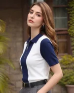 Women Colorblock Zip Neck Cotton Blend Blue, White T-Shirt - Image 3
