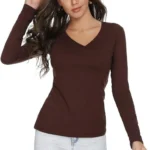Women Solid V Neck Cotton Blend Brown T-Shirt